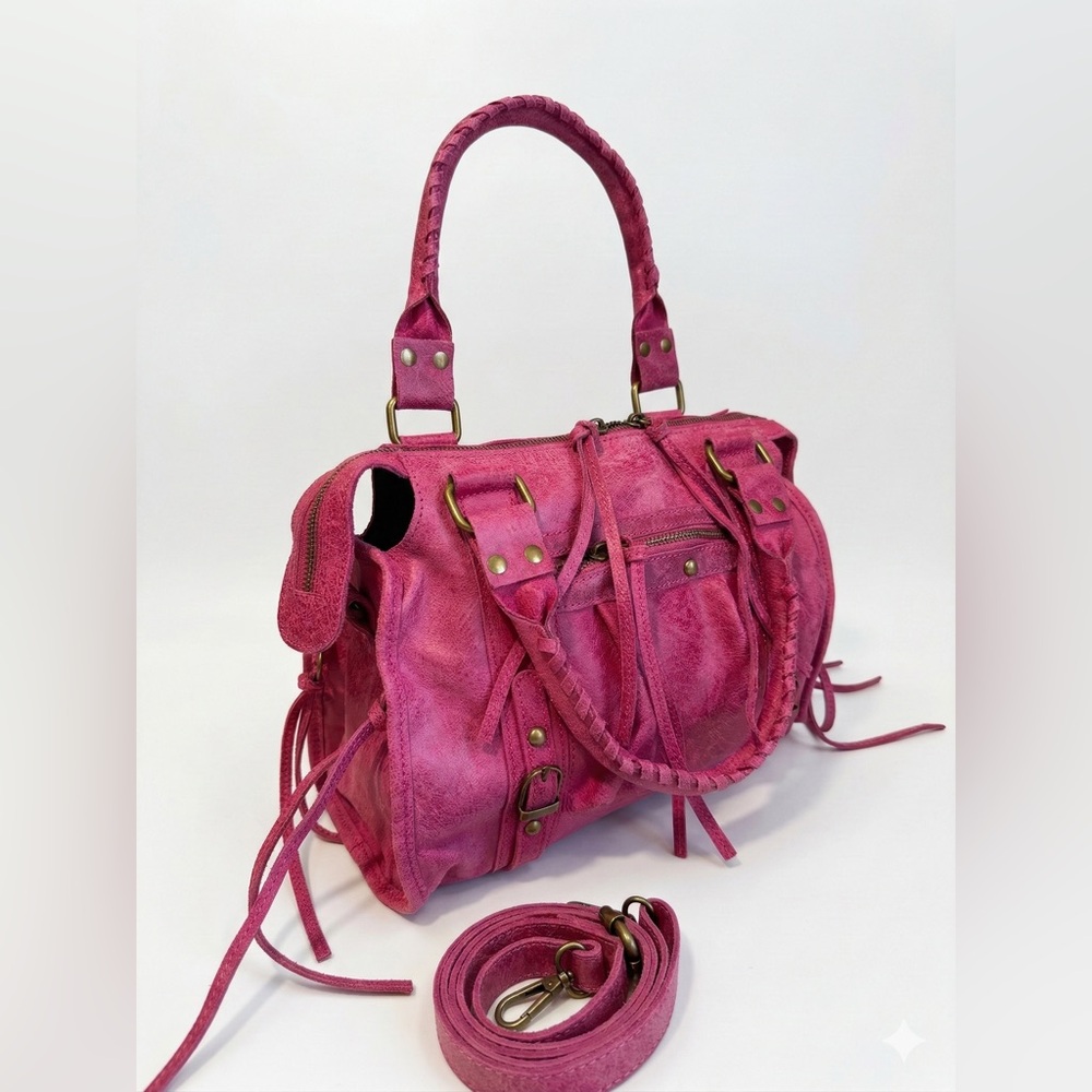 Pink Genuine Leather Handbag Made in Italy Suede Crossbody Bag - Picture 3 of 9
